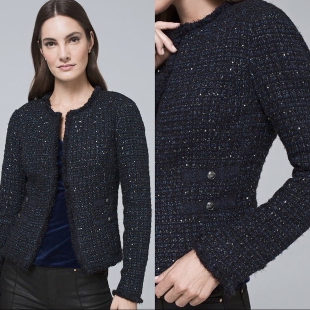 White House Black Market Dark Navy with Silver Stitched Sequin Tweed Blazer
